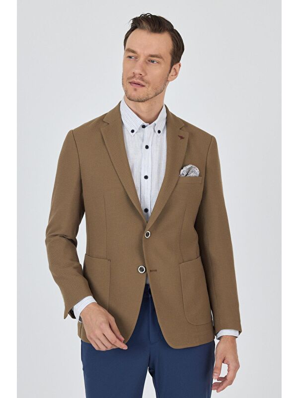 İMZA Koyu Vizon Mono Yaka Gofreli  Esnek 6 Drop Slim Fit Casual  Ceket 1002250125
