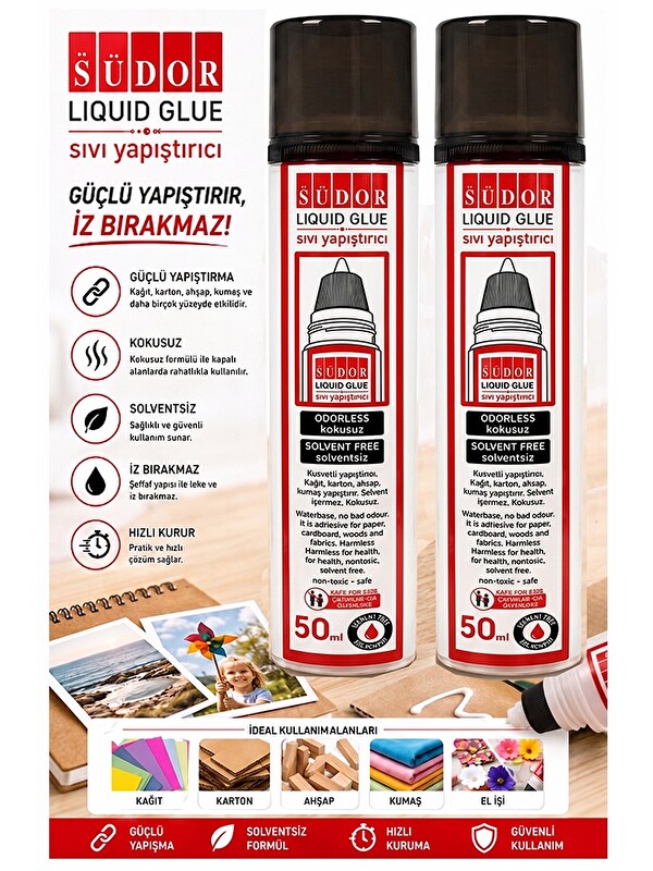 Artlantis Sıvı Yapıştırıcı Şeffaf 50ml 2 Adet Südor Plastik Tüpte Sıvı Uhu Kağıt Karton Yapıştırıcısı Zararsız