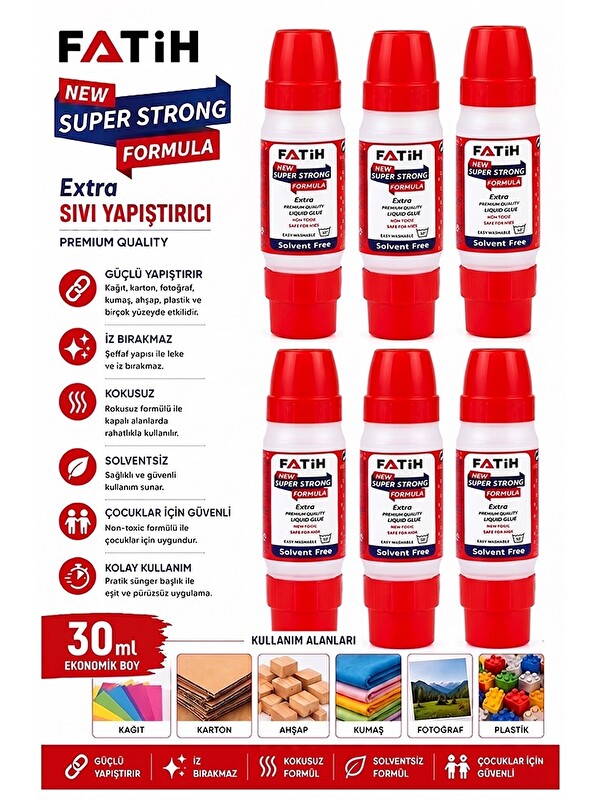 Artlantis Sıvı Yapıştırıcı Çift Uçlu Şeffaf 30ml 6 Adet Fatih Çift Taraflı Uhu Kağıt Karton Yapıştırıcısı Okul