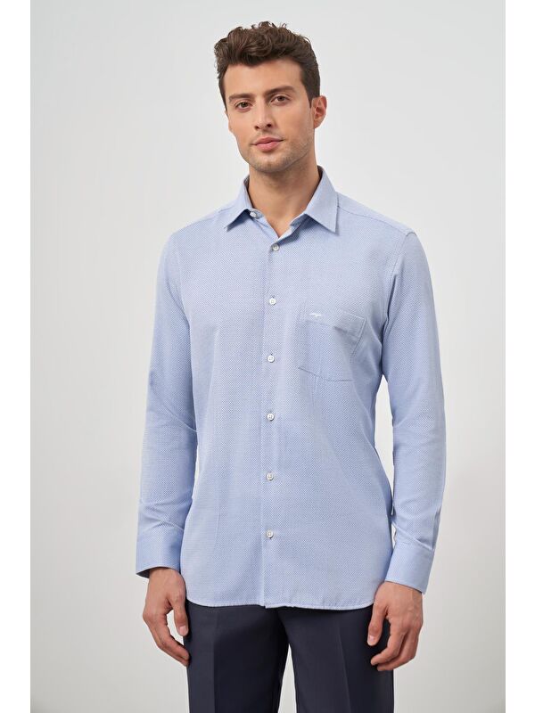 İMZA Koyu Lacivert Uzun Kol Kendinden Armürlü 041 Classic Comfort Fit Gömlek 1004245156