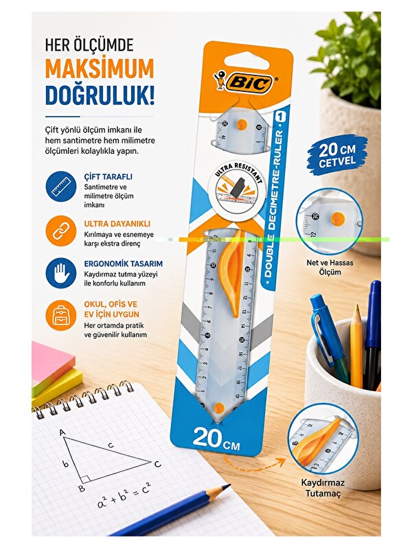 artmaster Dayanıklı Plastik Cetvel 20 Cm 1Adet Bic Plastik Cetvel Şeffaf Geometri Çizim Cetveli Kavraması Kola