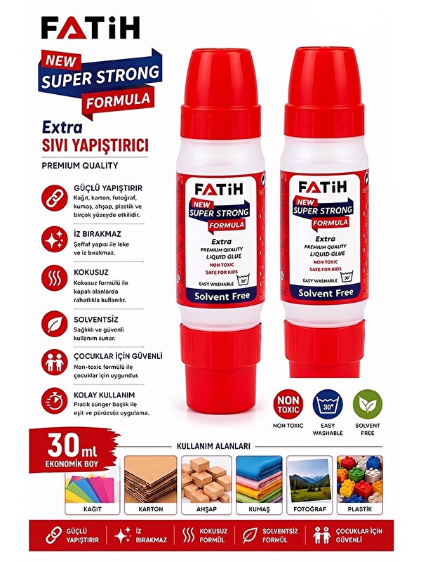 Artlantis Sıvı Yapıştırıcı Çift Uçlu Şeffaf 30ml 2 Adet Fatih Çift Taraflı Uhu Kağıt Karton Yapıştırıcısı Okul