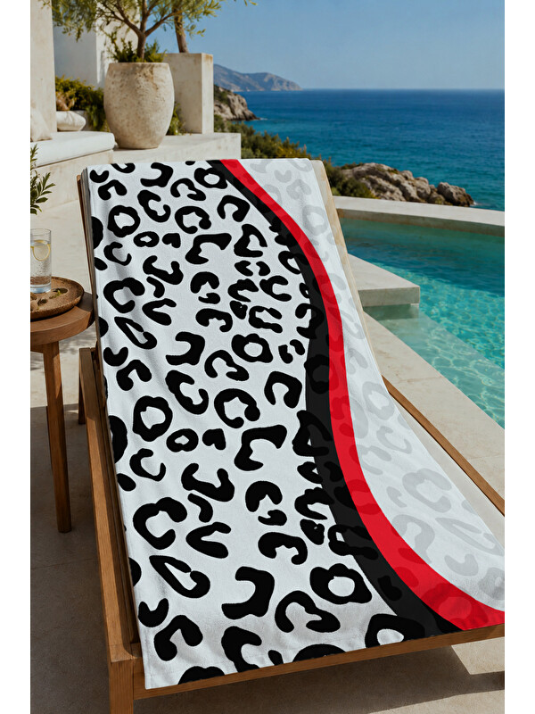 Milbay Grup Beyaz Siyah Leopar ve Kırmızı Dalga Desenli 70x150 cm Dijital Baskılı Plaj ve Banyo Havlusu