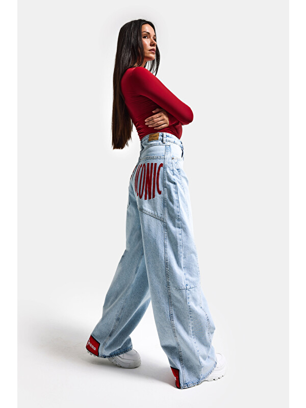 It's Basic Kadın Ice Renk 4s6-3 Mega Baggy Fit Paça ve Cep Detaylı Özel Tasarım Denim Jean