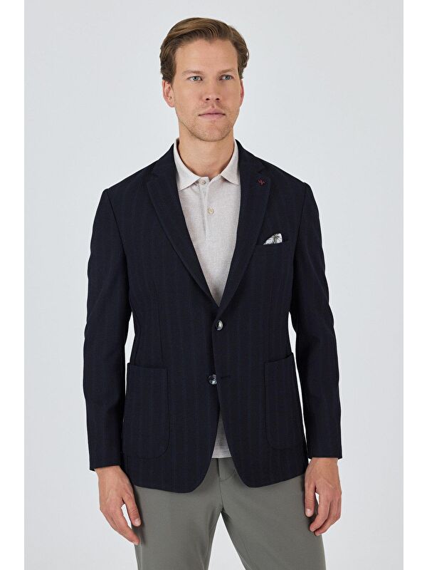 İMZA Koyu Lacivert Mono Yaka Gofreli  Esnek 6 Drop Slim Fit Casual  Ceket 1002250126