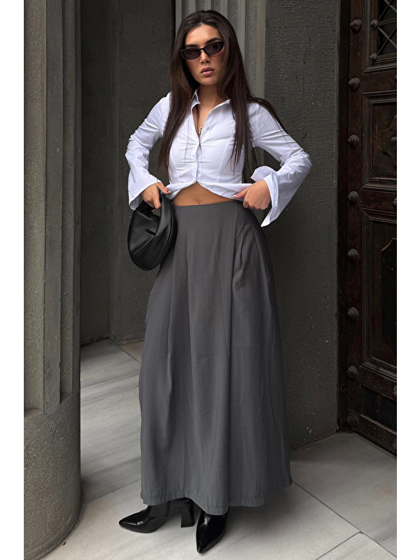 Madmext Antrasit  Rahat Kesim Pileli Cepli Kadın Etek Pantolon Mg2693
