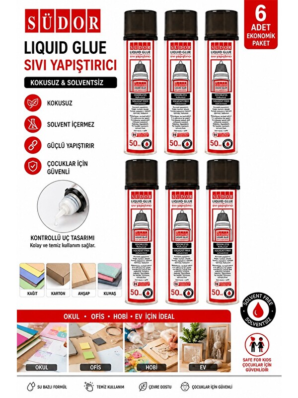 Artlantis Sıvı Yapıştırıcı Şeffaf 50ml 6 Adet Südor Plastik Tüpte Sıvı Uhu Kağıt Karton Yapıştırıcısı Zararsız