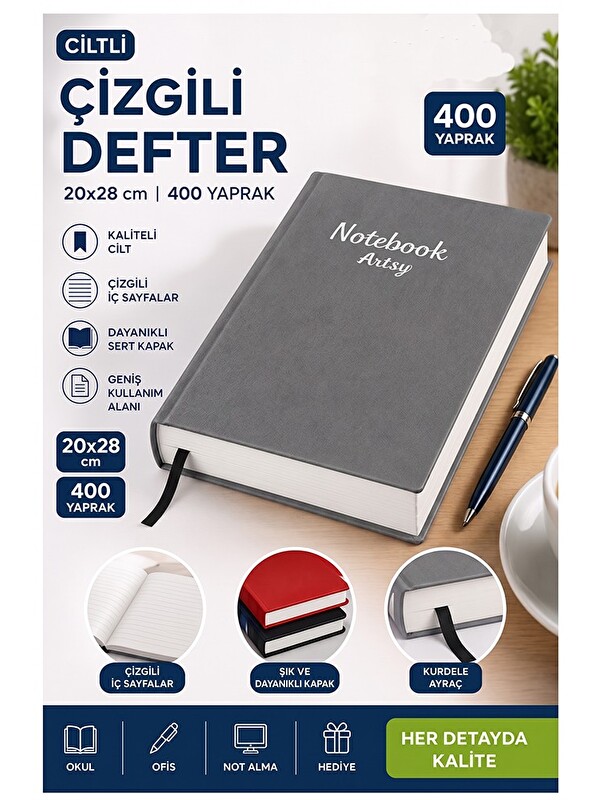 Artlantis Ciltli Çizgili Defter 400 Yaprak 20x28cm 1 Adet Çok Yapraklı Sert Kapaklı Not Hesap Defteri Okul Ofi