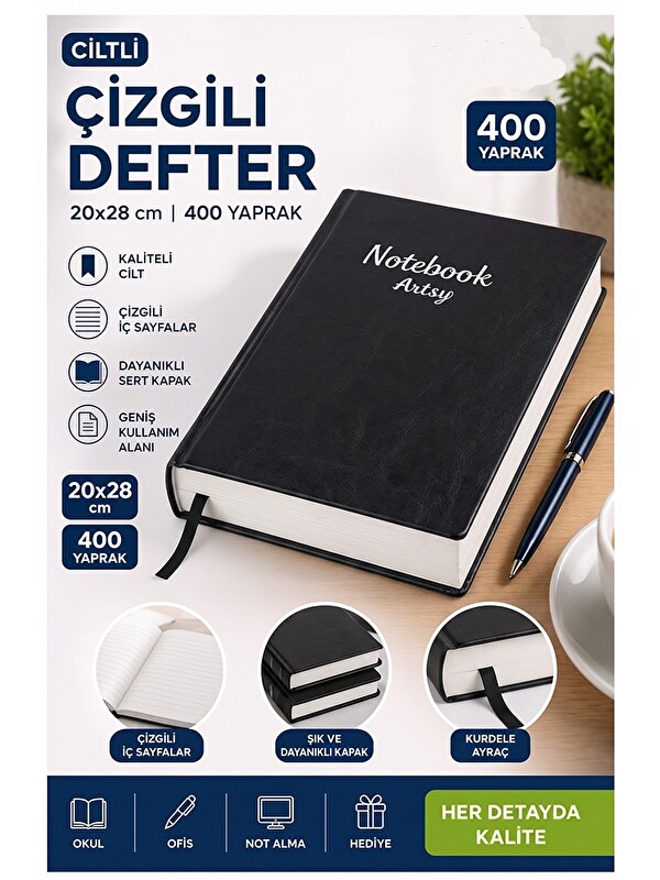 Artlantis Ciltli Çizgili Defter 400 Yaprak 20x28cm 1 Adet Çok Yapraklı Sert Kapaklı Not Hesap Defteri Okul Ofi