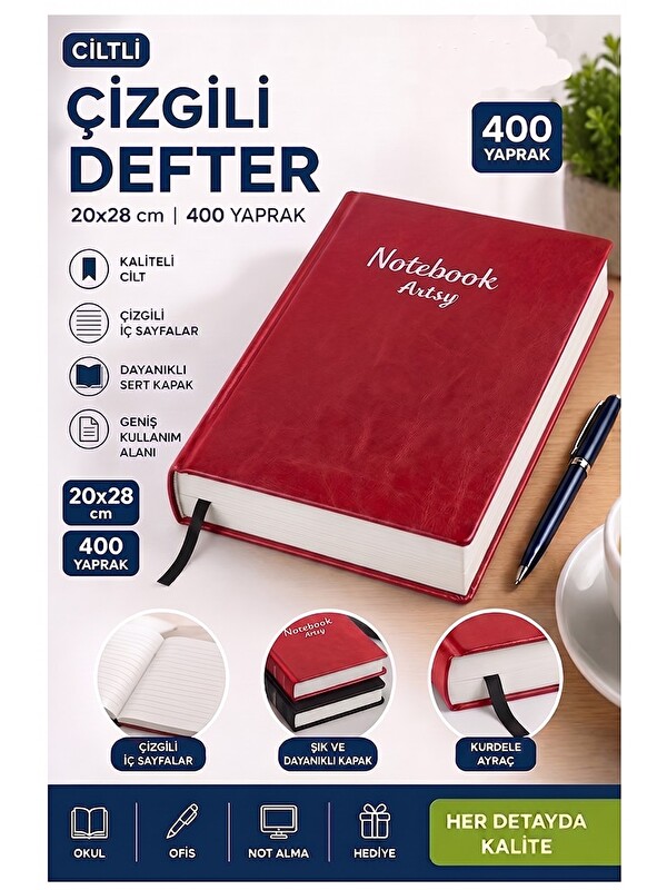 Artlantis Ciltli Çizgili Defter 400 Yaprak 20x28cm 1 Adet Çok Yapraklı Sert Kapaklı Not Hesap Defteri Okul Ofi