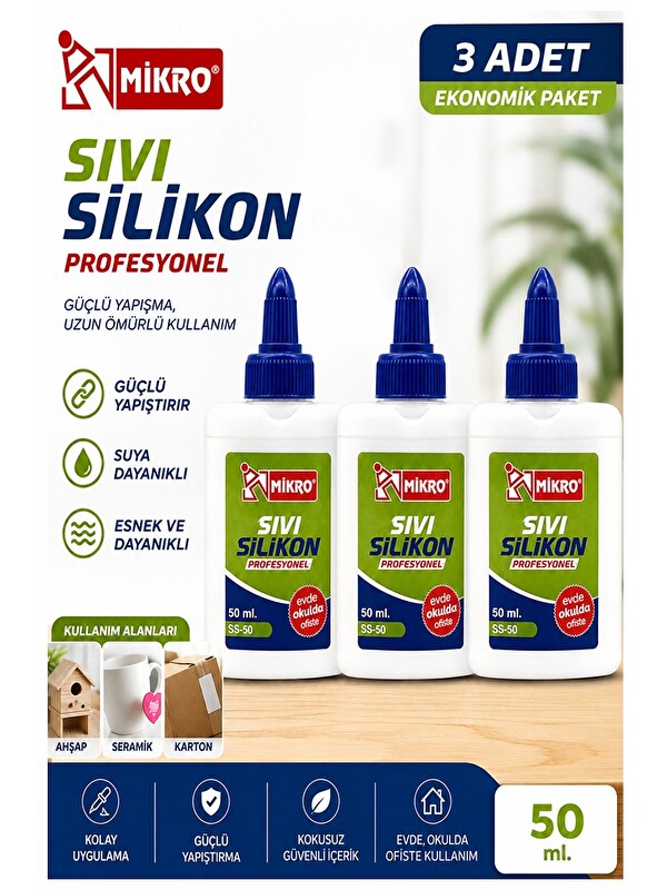 Artlantis Sıvı Silikon Yapıştırıcı 50 ml 3 Adet Mikro Silikon Yapıştırıcı Sıvı 50 gr Plastik Cam Mermer Kağıt