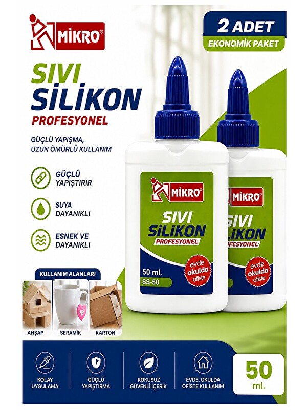 Artlantis Sıvı Silikon Yapıştırıcı 50 ml 2 Adet Mikro Silikon Yapıştırıcı Sıvı 50 gr Plastik Cam Mermer Kağıt