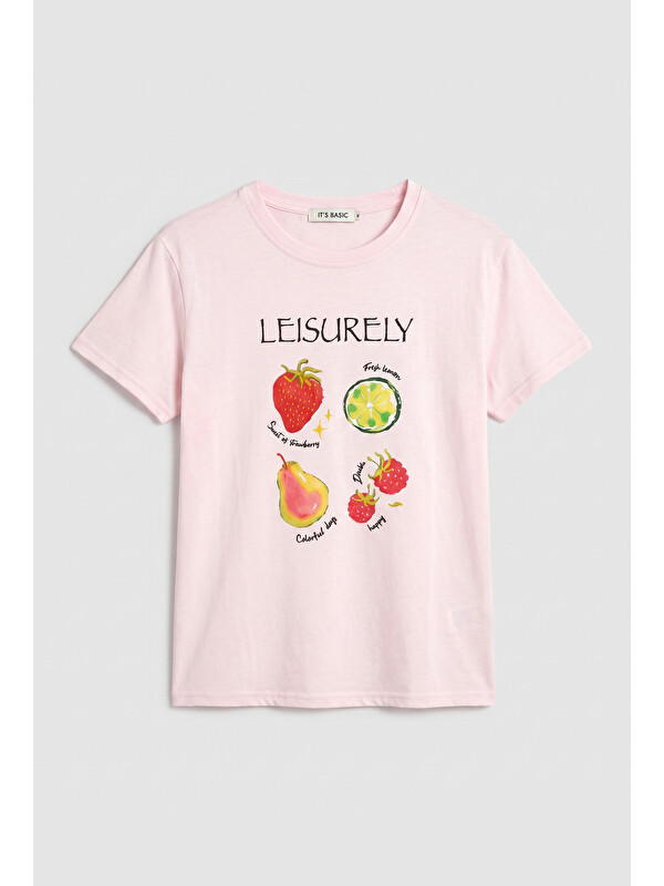 It's Basic Kadın Pembe Meyve Baskılı Bol Kesim Tasarım T-Shirt