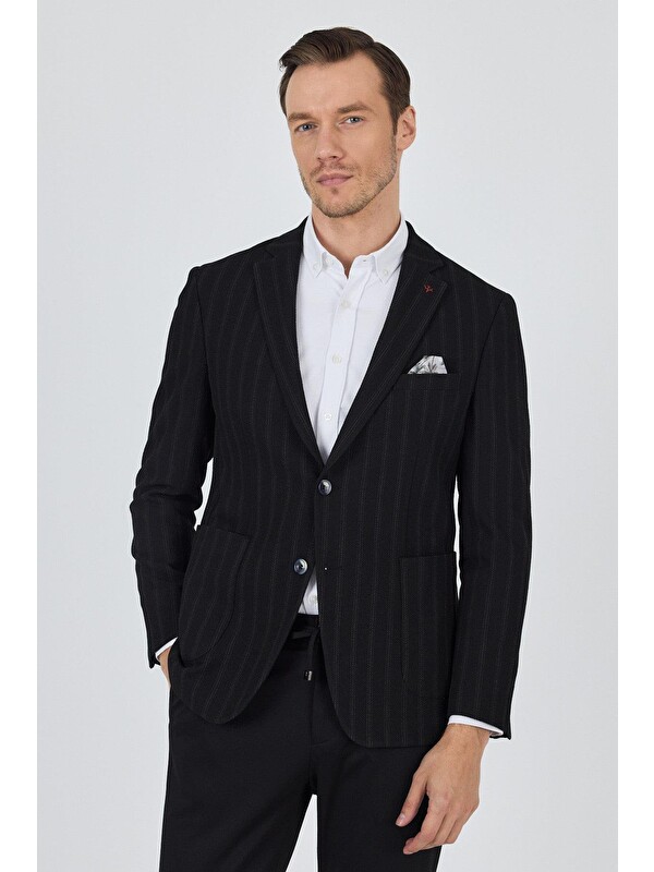 İMZA Siyah Mono Yaka Gofreli  Esnek 6 Drop  Casual  Blazer Ceket 1002250126