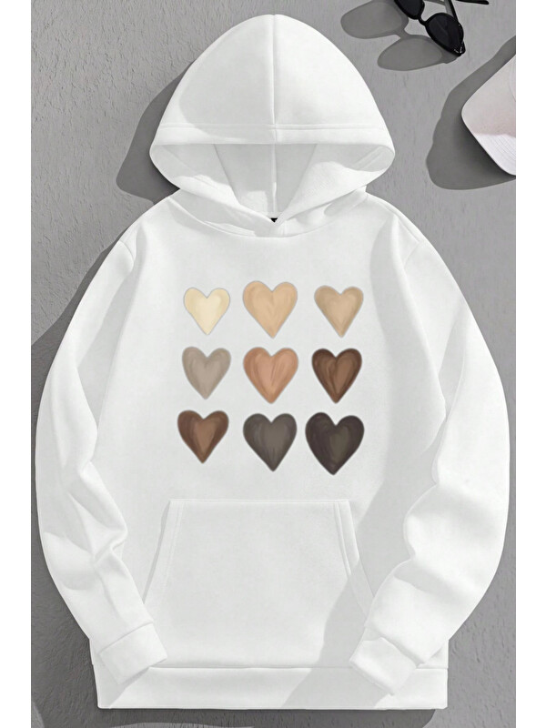 Trendseninle Unisex 3 İplik Pamuklu Beyaz ÇokKalp Baskı Bol Kalıp Sweatshirt Hoodie