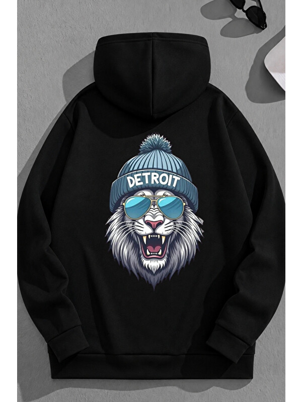 Trendseninle Unisex 3 İplik Pamuklu Siyah Detroit Baskı Bol Kalıp Sweatshirt Hoodie