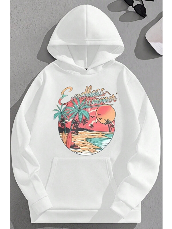 Trendseninle Unisex 3 İplik Pamuklu Beyaz EndlessSummer Baskı Bol Kalıp Sweatshirt Hoodie