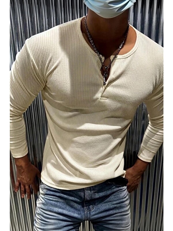 Oksit Mecho Erkek Slim Fit Elastanlı Henley Yaka Uzun Kollu Tişört - Düğmeli Esnek Kumaş