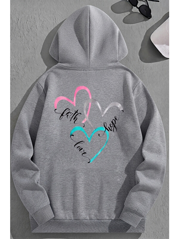Trendseninle Unisex 3 İplik Pamuklu Gri FaithHopeLove Baskı Bol Kalıp Sweatshirt Hoodie