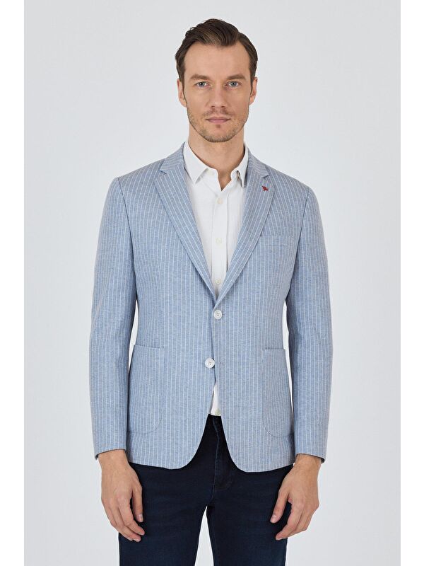 İMZA İndigo Mavi Çizgili Desen Örme Kılıç Yaka Pamuklu 6 Drop Slim Fit Casual Ceket 1002250111_320