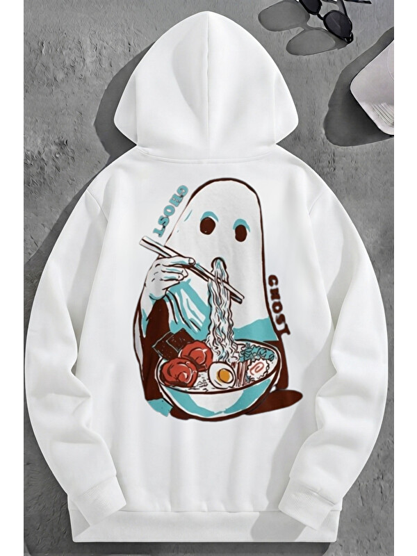 Trendseninle Unisex 3 İplik Pamuklu Beyaz GhostEats Baskı Bol Kalıp Sweatshirt Hoodie