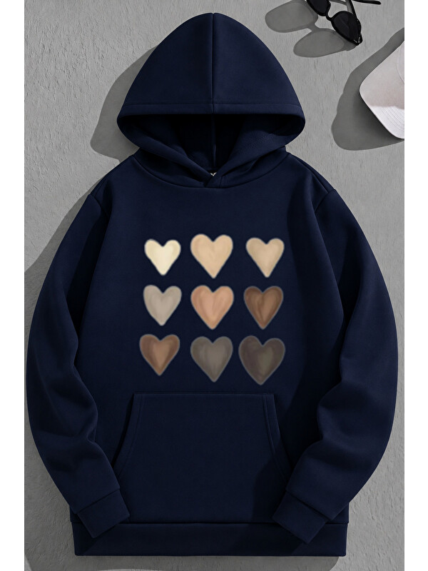 Trendseninle Unisex 3 İplik Pamuklu Lacivert ÇokKalp Baskı Bol Kalıp Sweatshirt Hoodie
