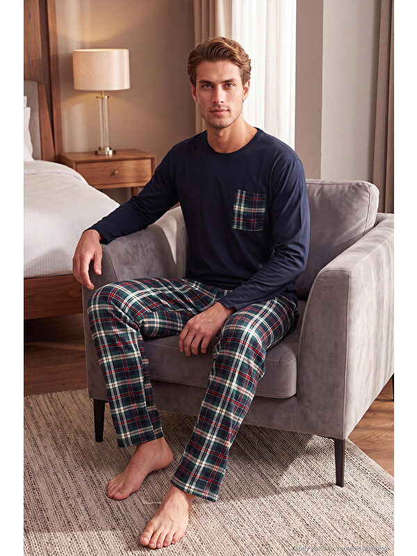 Buratti Ekoseli Cepli Beli Lastikli % 100 Pamuk Regular Fit Erkek Pijama Takımı 6572001