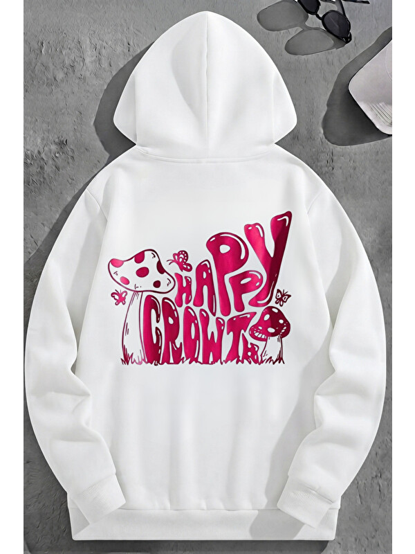 Trendseninle Unisex 3 İplik Pamuklu Beyaz HappyCrowt Baskı Bol Kalıp Sweatshirt Hoodie