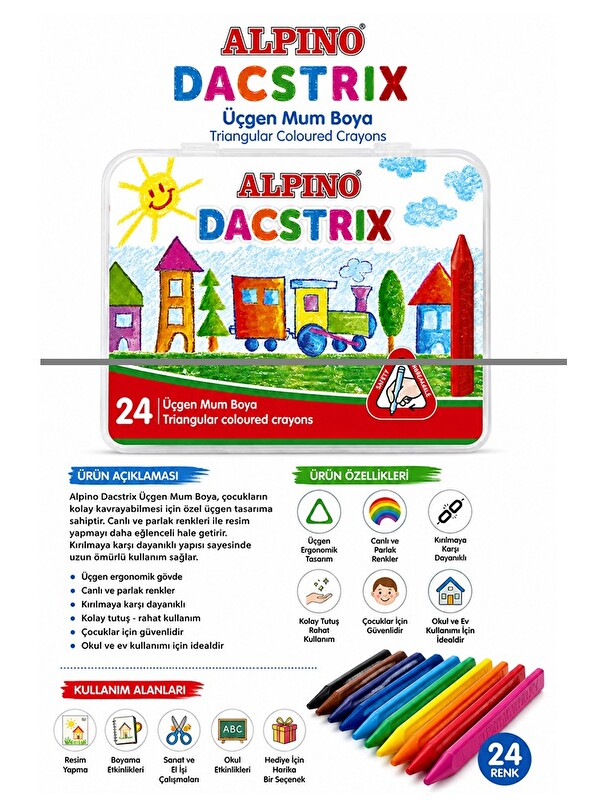 Artlantis Mum Boya 24 Lü Plastik Kutu 1 Paket Alpino Dacstrix 24 Renk Mumboya Elleri Kirletmeyen Yıkanabilir S
