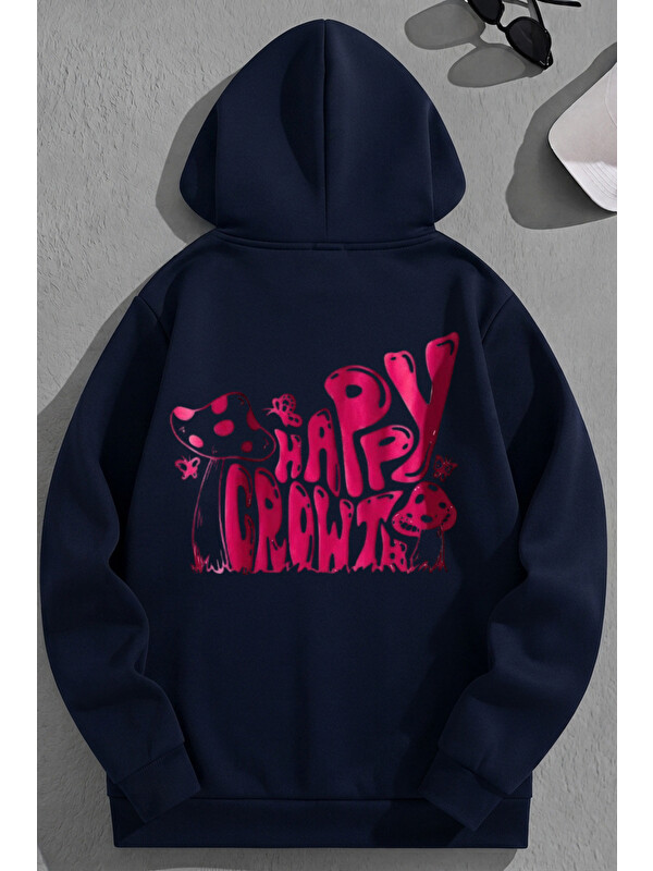 Trendseninle Unisex 3 İplik Pamuklu Lacivert HappyCrowt Baskı Bol Kalıp Sweatshirt Hoodie