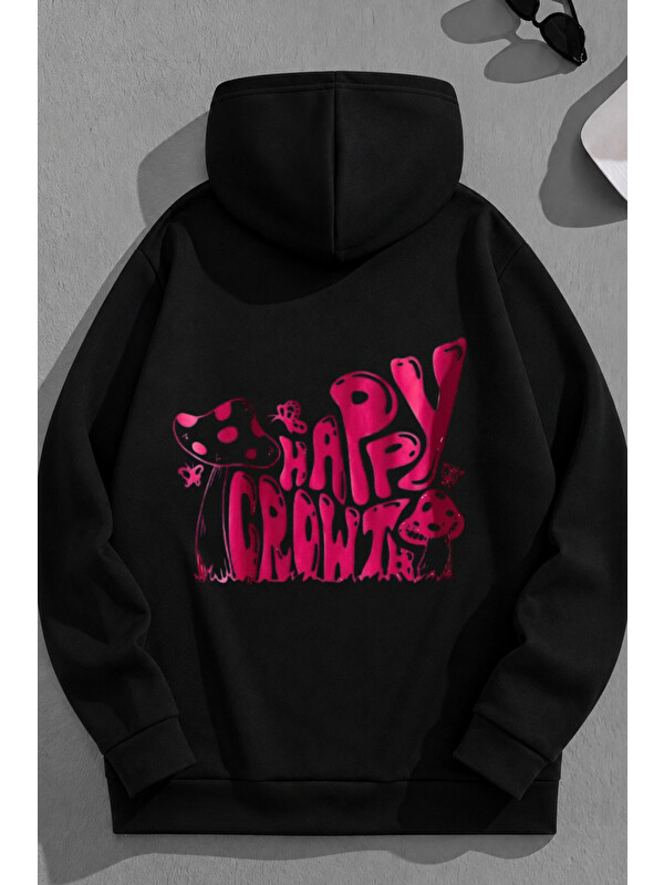 Trendseninle Unisex 3 İplik Pamuklu Siyah HappyCrowt Baskı Bol Kalıp Sweatshirt Hoodie