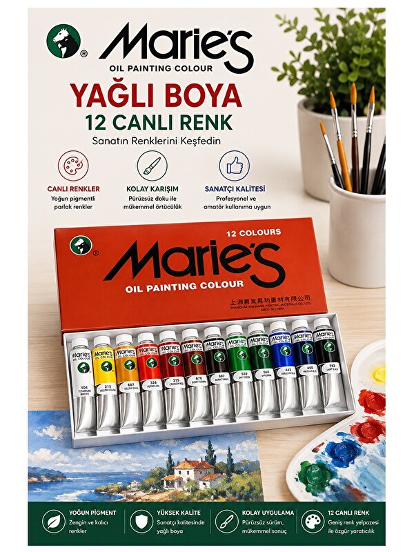 Artlantis Yağlı Boya 12 Renk 12 ml 1 Paket Maries Yağlı Boya Seti 12 li Ahşap Tuval Taş Ağaç Boyamalar İçin İd
