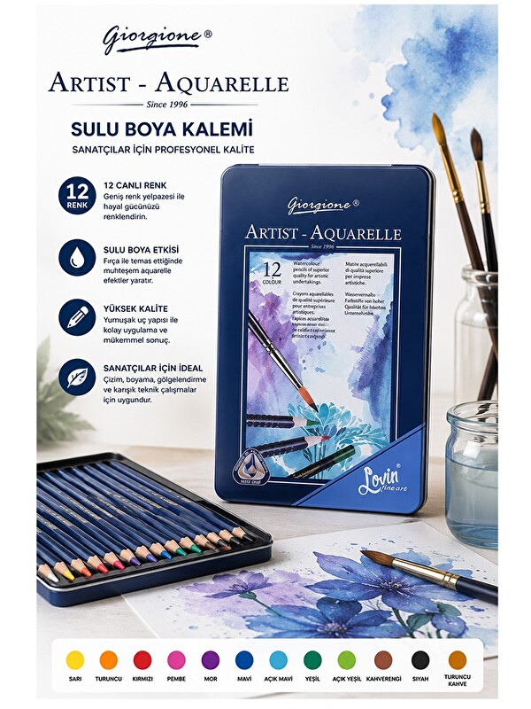 Artlantis Aquarel Suluboya Kalemi 12 Renk 1 Paket Giorgione Teneke Kutu Sulu Boya Kalemi 12 Li Fırça Hediyeli
