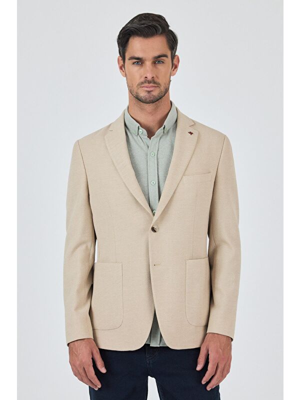 İMZA Açık Bej Mono Yaka Düz 2 Düğme Casual Esnek Slim Fit Ceket 1002250123