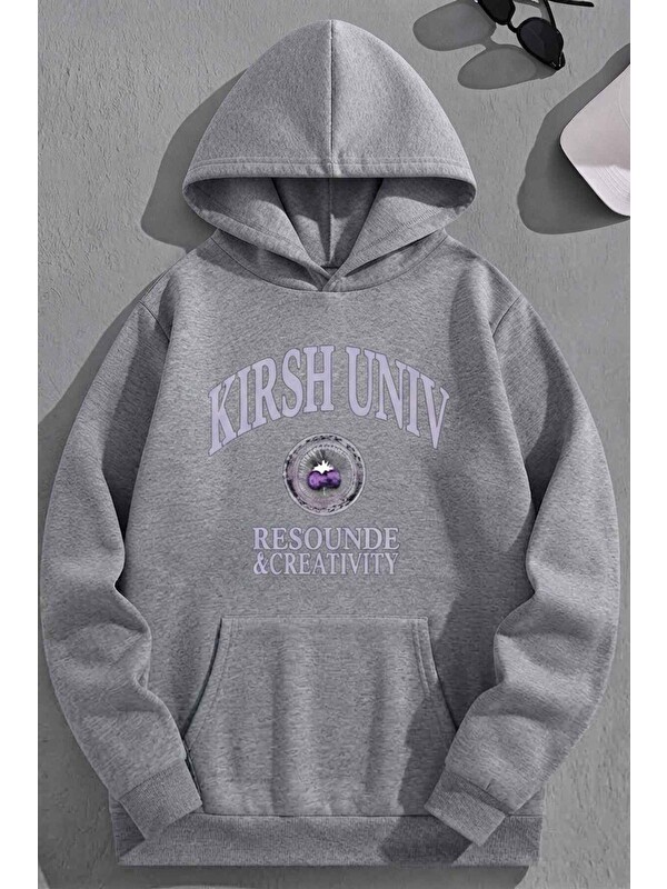 Trendseninle Unisex 3 İplik Pamuklu Gri KIRSHUNIV Baskı Bol Kalıp Sweatshirt Hoodie