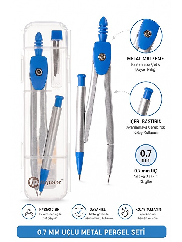 artmaster 0.7 Uçlu Metal Pergel Mavi 1 Adet Fixpoint Kutulu Metal Pergel Versatil Uçlu Mekanik Kalem Basmalı U