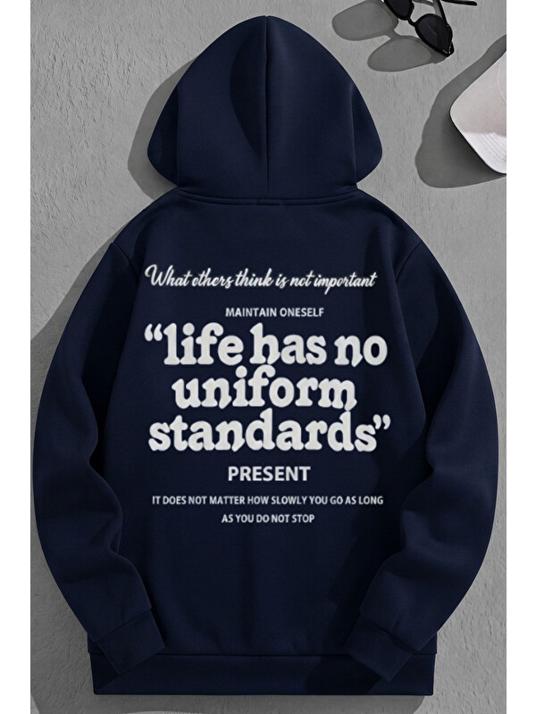 Trendseninle Unisex 3 İplik Pamuklu Lacivert LifeHas Baskı Bol Kalıp Sweatshirt Hoodie