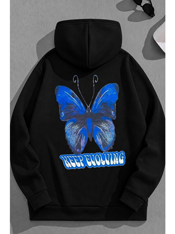 Trendseninle Unisex 3 İplik Pamuklu Siyah KeepEvolwing Baskı Bol Kalıp Sweatshirt Hoodie