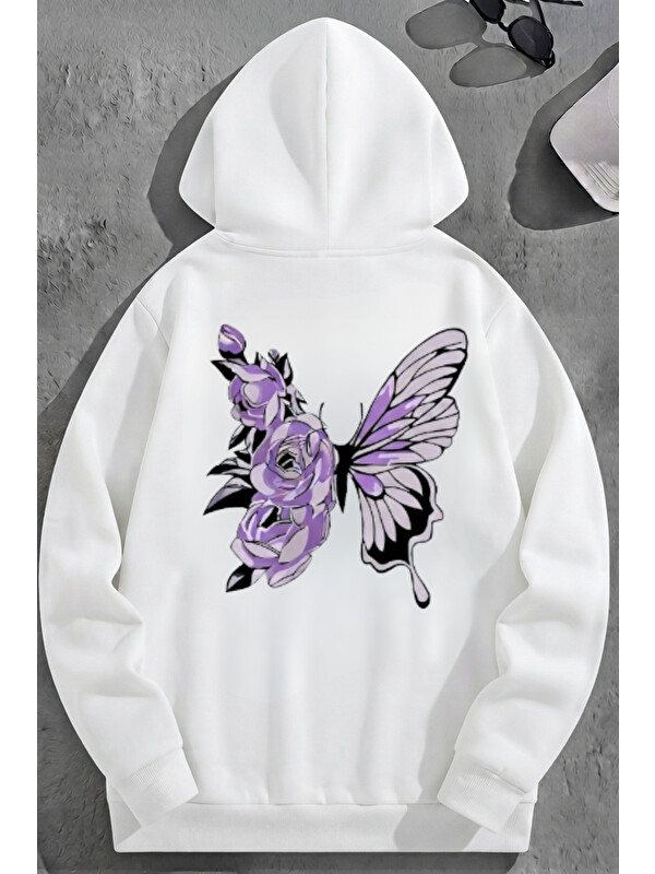 Trendseninle Unisex 3 İplik Pamuklu Beyaz LilaKelebek Baskı Bol Kalıp Sweatshirt Hoodie