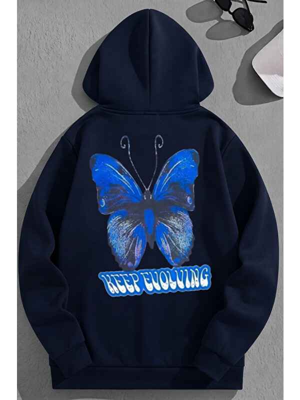Trendseninle Unisex 3 İplik Pamuklu Lacivert KeepEvolwing Baskı Bol Kalıp Sweatshirt Hoodie