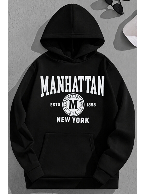 Trendseninle Unisex 3 İplik Pamuklu Siyah Manhattan Baskı Bol Kalıp Sweatshirt Hoodie