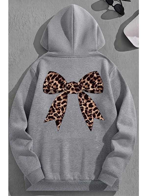 Trendseninle Unisex 3 İplik Pamuklu Gri LeoparKurdele Baskı Bol Kalıp Sweatshirt Hoodie
