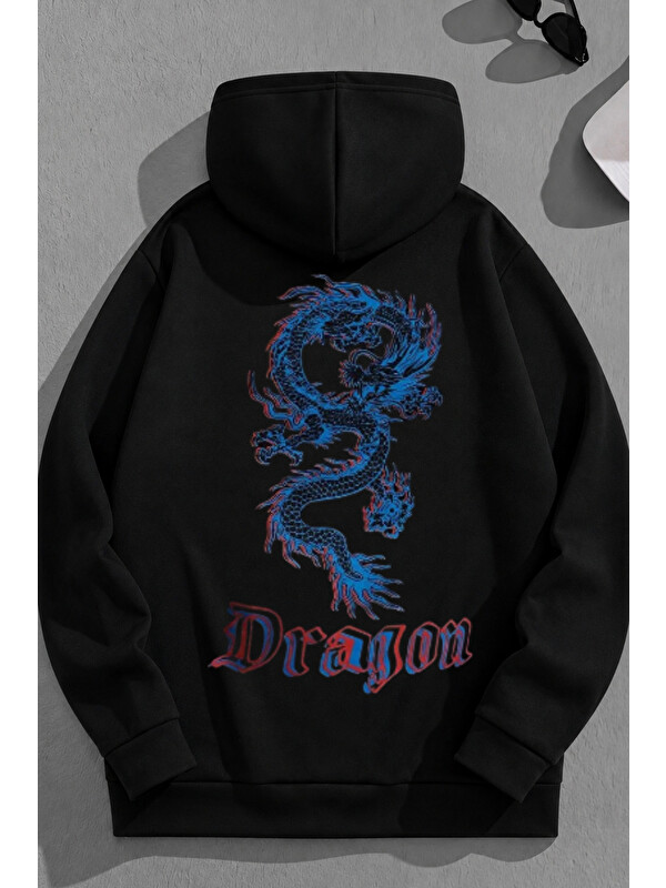 Trendseninle Unisex 3 İplik Pamuklu Siyah MaviDragon Baskı Bol Kalıp Sweatshirt Hoodie