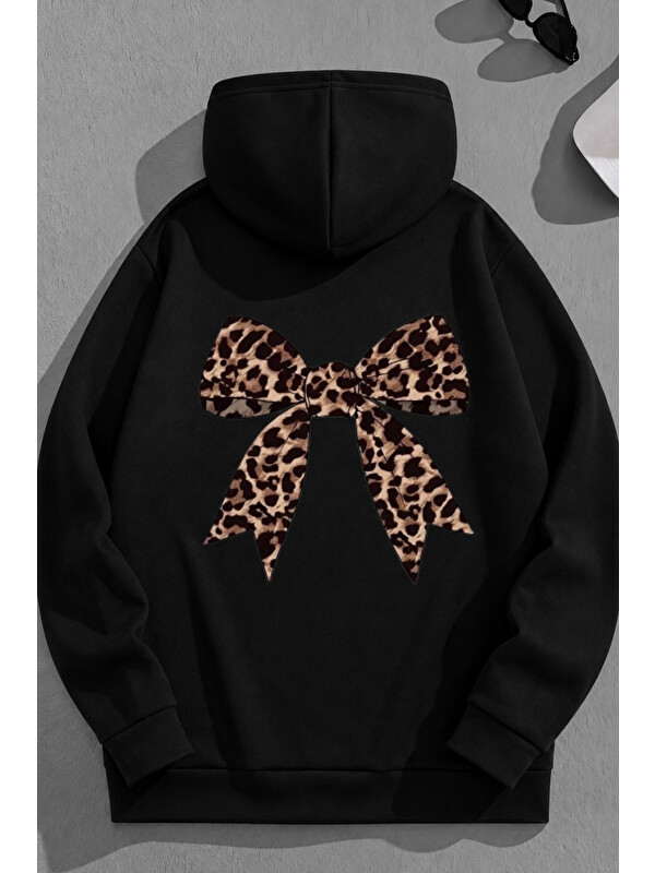 Trendseninle Unisex 3 İplik Pamuklu Siyah LeoparKurdele Baskı Bol Kalıp Sweatshirt Hoodie