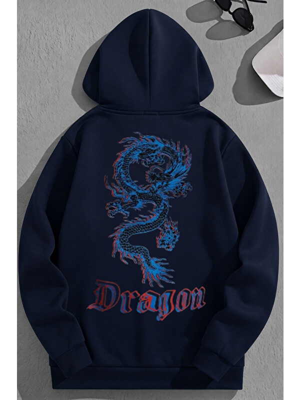 Trendseninle Unisex 3 İplik Pamuklu Lacivert MaviDragon Baskı Bol Kalıp Sweatshirt Hoodie