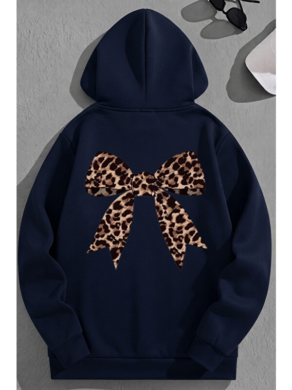 Trendseninle Unisex 3 İplik Pamuklu Lacivert LeoparKurdele Baskı Bol Kalıp Sweatshirt Hoodie