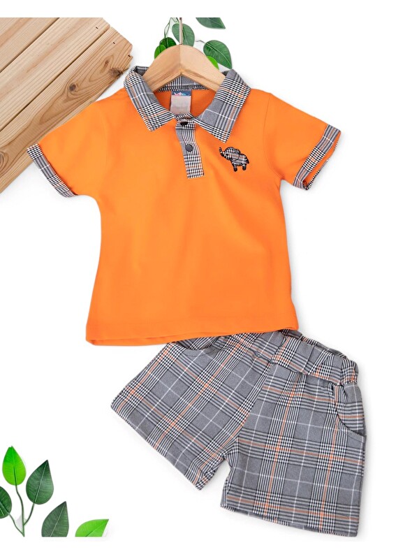 Ege Bebek Erkek Bebek Polo Yakalı Fil Nakışlı Ekose Şortlu Yazlık Takım