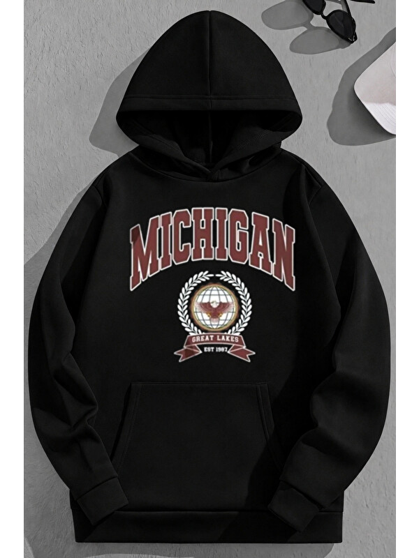 Trendseninle Unisex 3 İplik Pamuklu Siyah Michigan Baskı Bol Kalıp Sweatshirt Hoodie