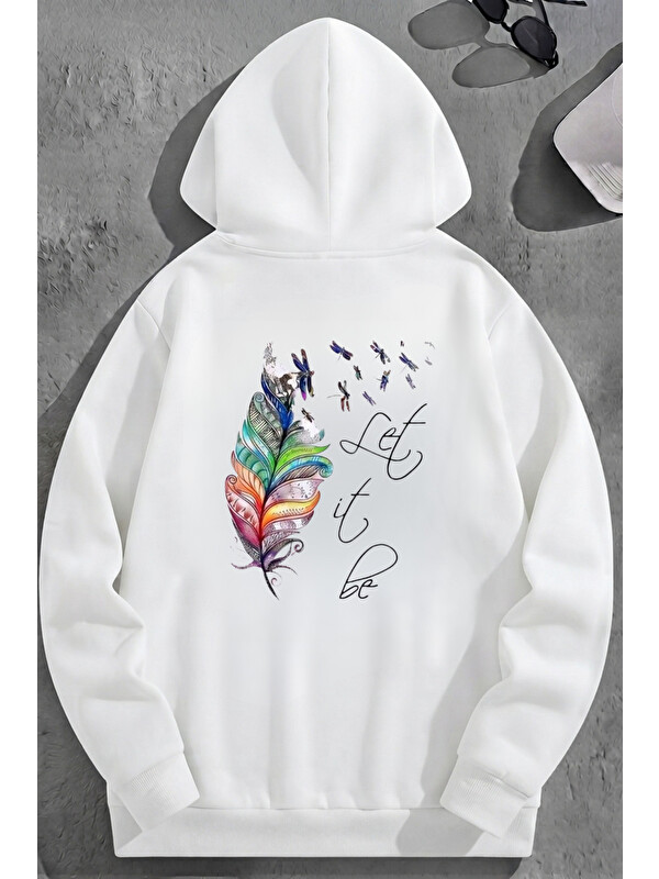 Trendseninle Unisex 3 İplik Pamuklu Beyaz LetITBE Baskı Bol Kalıp Sweatshirt Hoodie