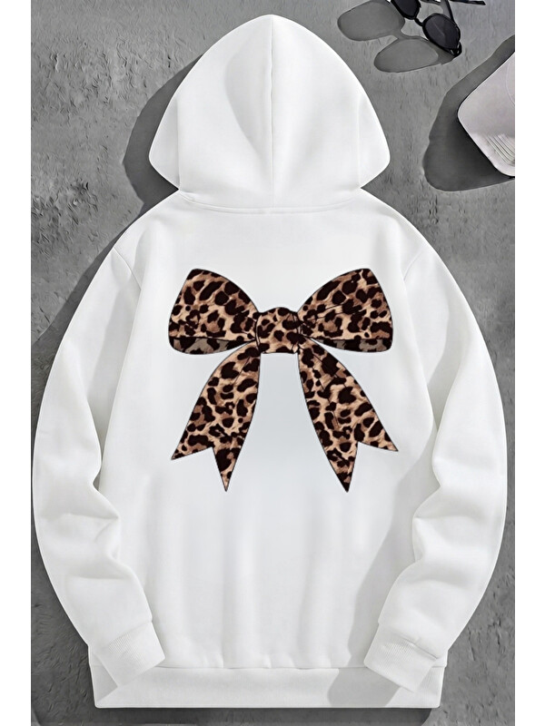 Trendseninle Unisex 3 İplik Pamuklu Beyaz LeoparKurdele Baskı Bol Kalıp Sweatshirt Hoodie